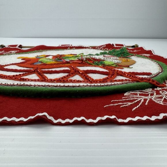 Vintage Handmade Felt Santa Sleigh Wall Hanging Christmas Decor Sequins - Picture 3 of 10